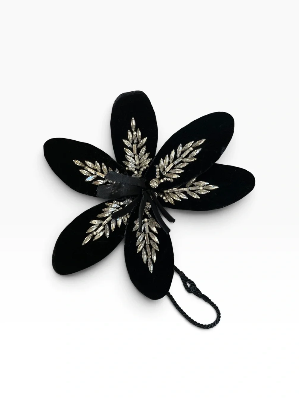 Vintage Black Velvet Rhinestone Flower Clip Brooch Ornament Gothic Glam